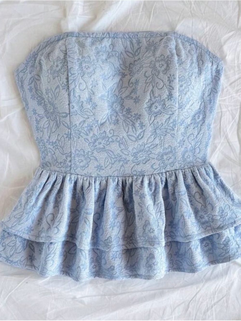 Strapless Light Blue Floral Peplum Top